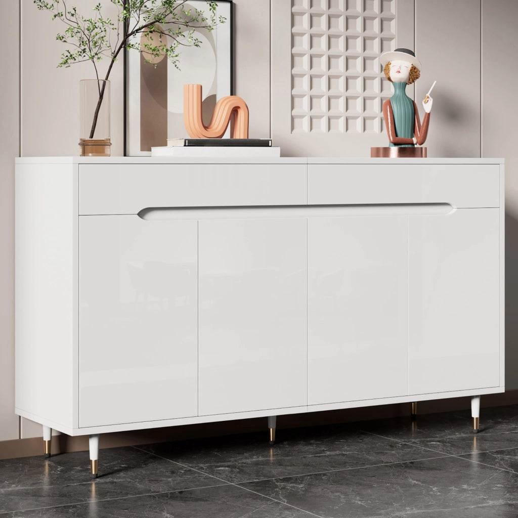 Scarpiera con due cassetti e ripiani regolabili in truciolato bianco con gambe dorate 140 × 39 × 84 cm