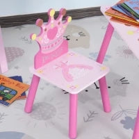 Set Tavolo e 2 Sedie a Tema Principesse per Cameretta Bambini in Legno Rosa con Schienale a Forma di Corona