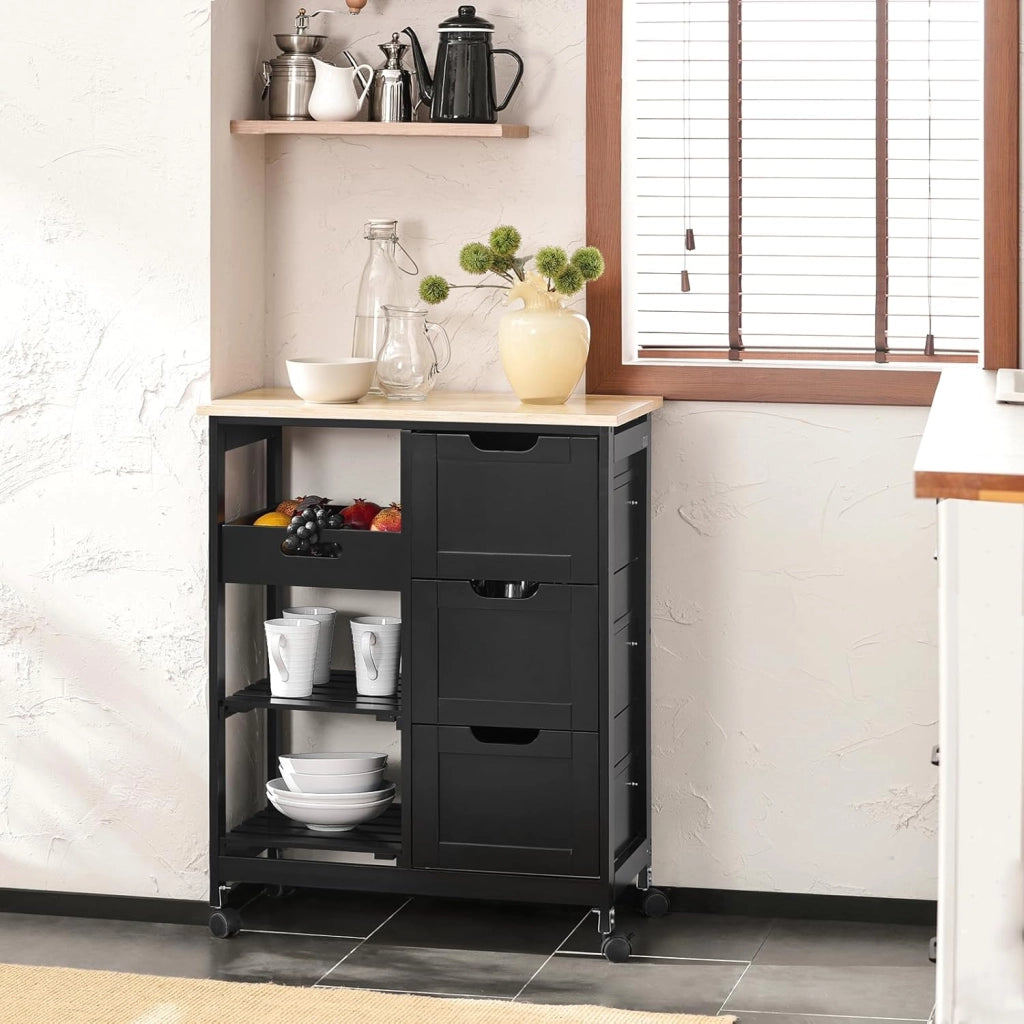 Carrello Cucina con 3 Cassetti e 1 Cestino, Mobiletto Cucina Salvaspazio con 4 Ruote Girevoli, Credenza Cucina o Bagno, Mobiletto Cucina Dispensa, L68 x P38 x A85 cm, nero,FKW79-SCH