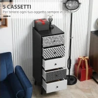 Mobile Cassettiera 5 Cassetti Fantasia Geometrica, Arredamento Moderno Camera e Ingresso, 40x40x111.5cm Nero Grigio