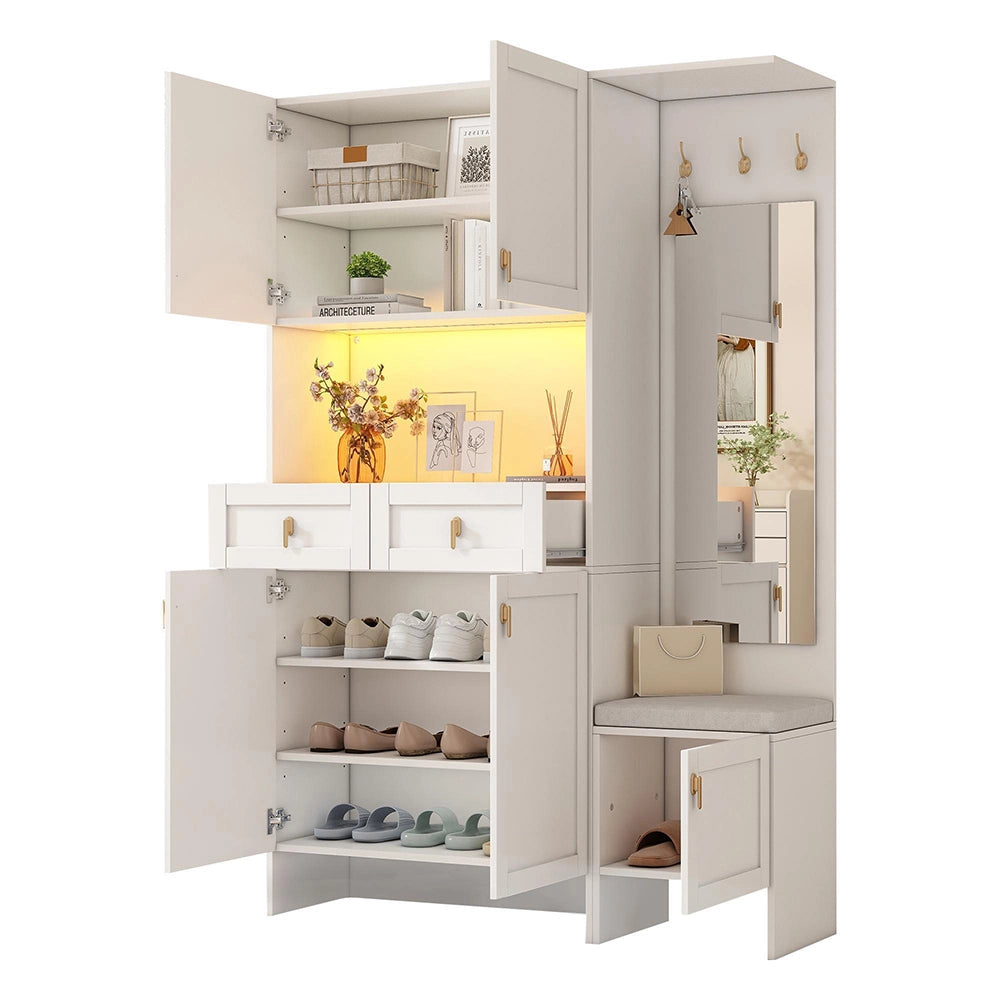 Vestiaire completo con panchina e armadio scarpe - Xylo - 120x180x33,5 cm - Bianco - 3 ganci, 5 ante, 2 cassetti, specchio