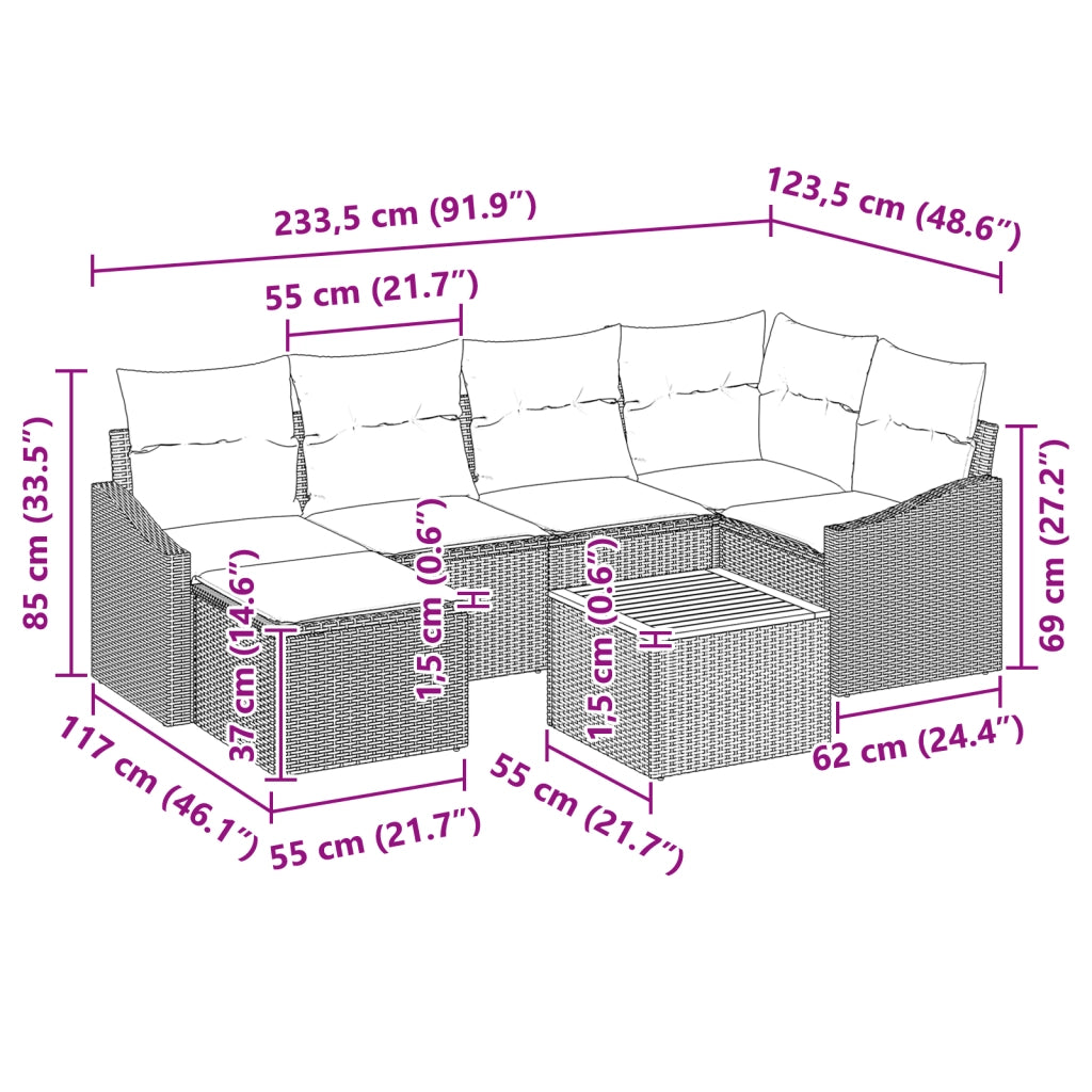 Set Divano da Giardino con Cuscini in 7 pezzi Grigio Polyrattan Acacia
