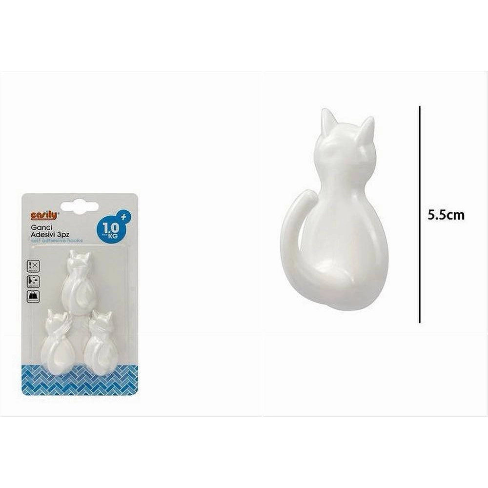 Trade Shop - Set 3 Pz Ganci A Forma Di Gatto Bianchi Adesivi Per Cucina Bagno Da Parete 79346 -