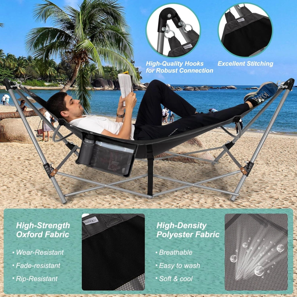 Amaca da giardino con supporto pieghevole in metallo, sedia amaca portatile in tessuto a rete, letto da campeggio con borsa da trasporto, lettino con carico 150 kg, 227 x 82 x 89 cm (Nero)