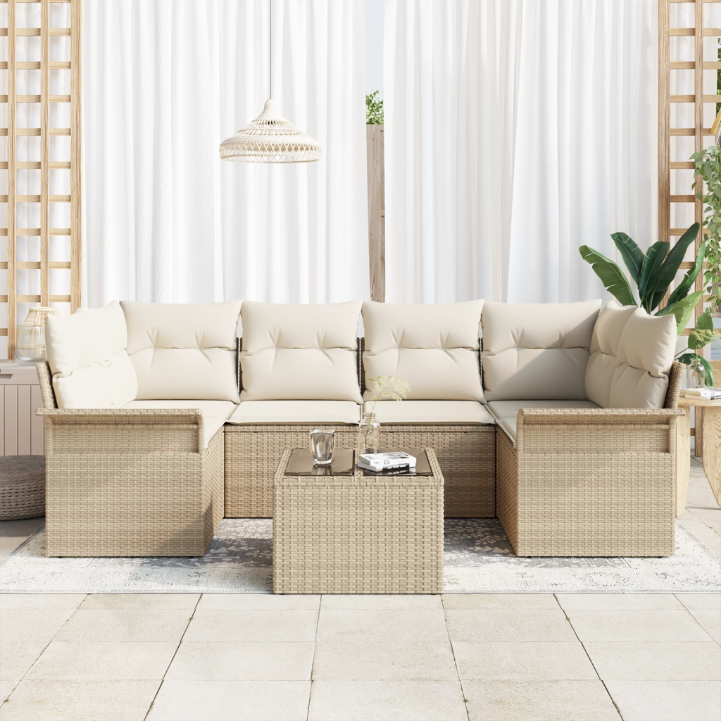 Set divano da giardino in 7 pezzi con cuscini beige polyrattan