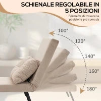 Poltrona Letto 3 in 1 con Schienale Reclinabile e Cuscino, in Tessuto Effetto Velluto, 63x73x81 cm, Beige