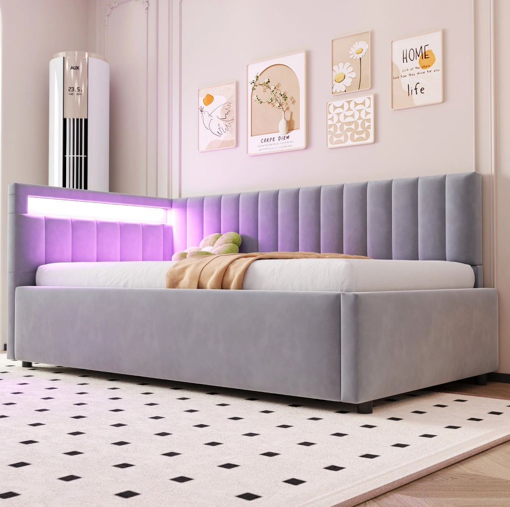 Letto singolo imbottito 90x200 cm in velluto grigio con LED e vano idraulico