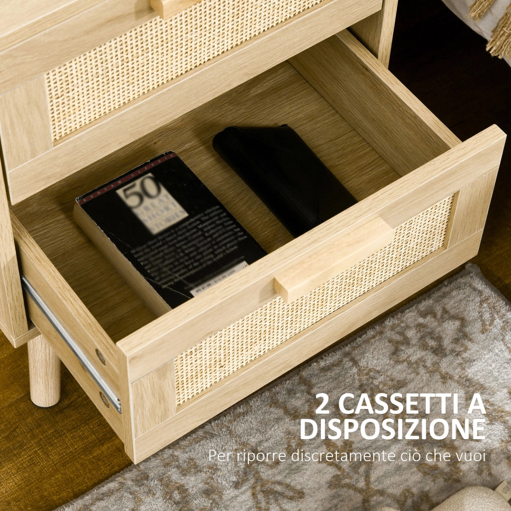 Comodino Boho in Legno Naturale ¨C Xylo ¨C 2 Cassetti, 40x40x56cm