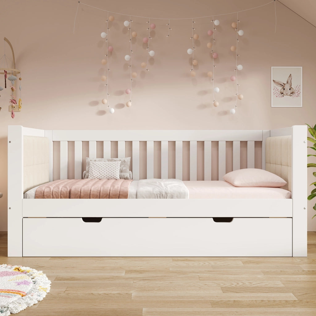 Letto da giorno 90x200 cm con letto estraibile 90x190 cm; legno bianco