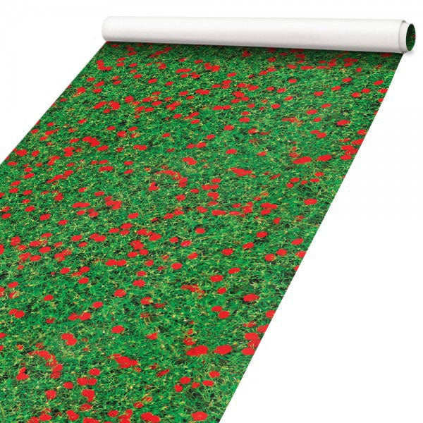 ERBA CON FIORI ROSSI - Pellicola stampata adesiva in PVC finitura opaca Misura: 100x200 cm