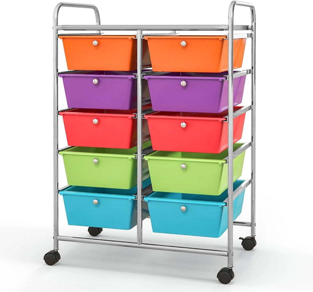 Carrello con 10 cassetti, impilabile, carrello per cassetti, carrello da cucina con ruote bloccabili, carrello per cucina, bagno, ufficio, 65,5 x 37 x 87 cm, colorato