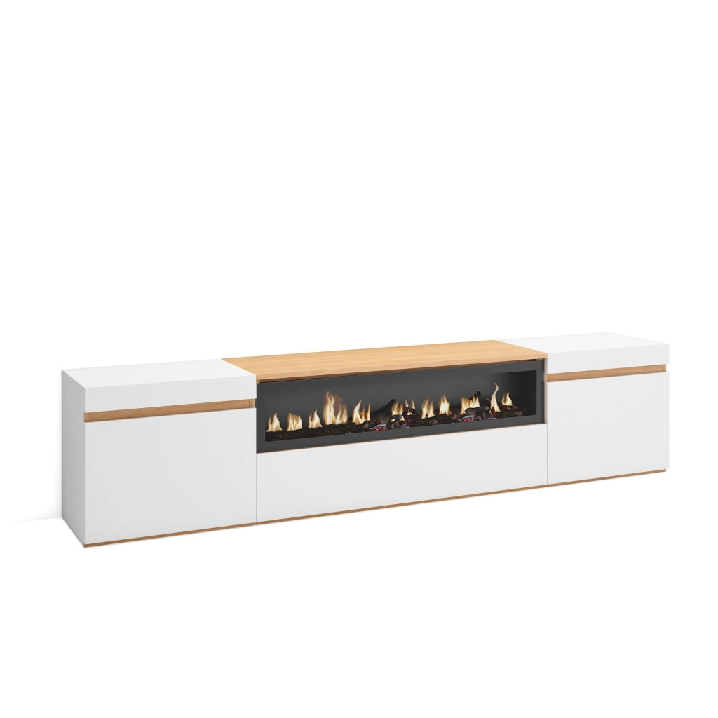 Mobile TV Soggiorno, 200x45x35cm, Per TV fino a 80", Camino elettrico, Bianco e Rovere soft