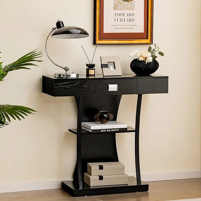 Tavolo Consolle in Legno, Tavolo Ingresso con Cassetti, Ripiani e 2 Kit Anti-ribaltamento, Tavolo Multiuso e Salvaspazio per Salotto, Camera da Letto e Corridoio, 91 x 30 x 88 cm (Nero)