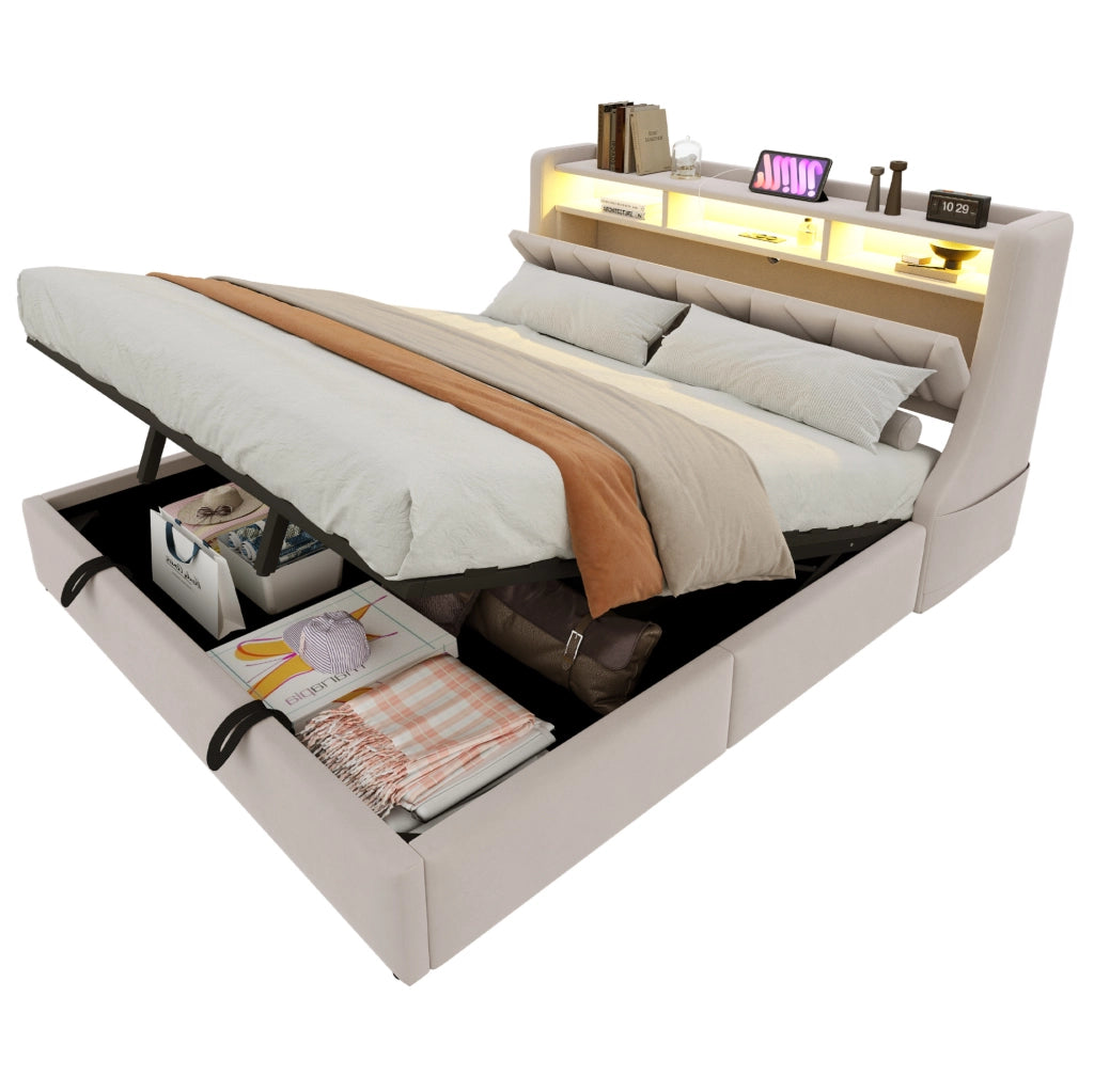 Letto imbottito 180x200 cm con contenitore idraulico, LED e testiera multifunzione