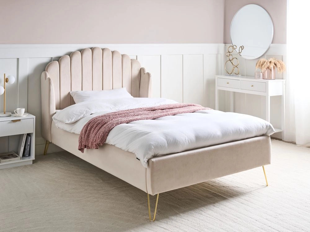 Letto matrimoniale con rete in tessuto beige 120 x 200 cm gambe in metallo testata retro capitonné