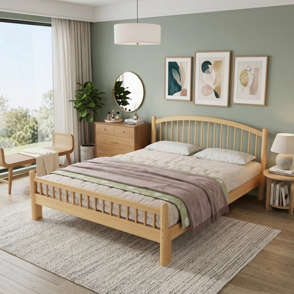 Letto in legno 140x200 cm con testiera e pediera a griglia; colore naturale e beige