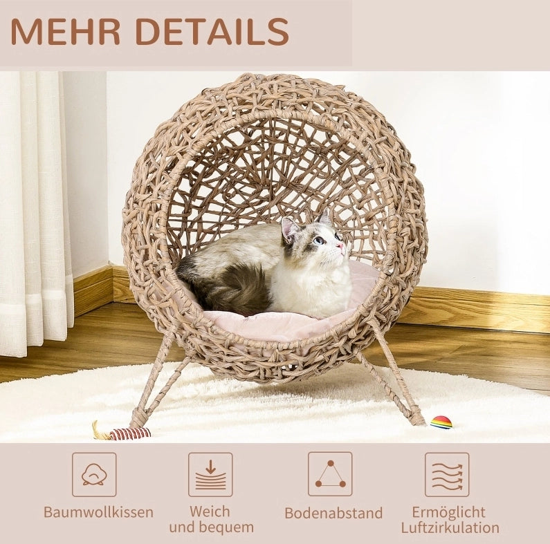 Cuccia rialzata per gatto in rattan sintetico marrone con cuscino