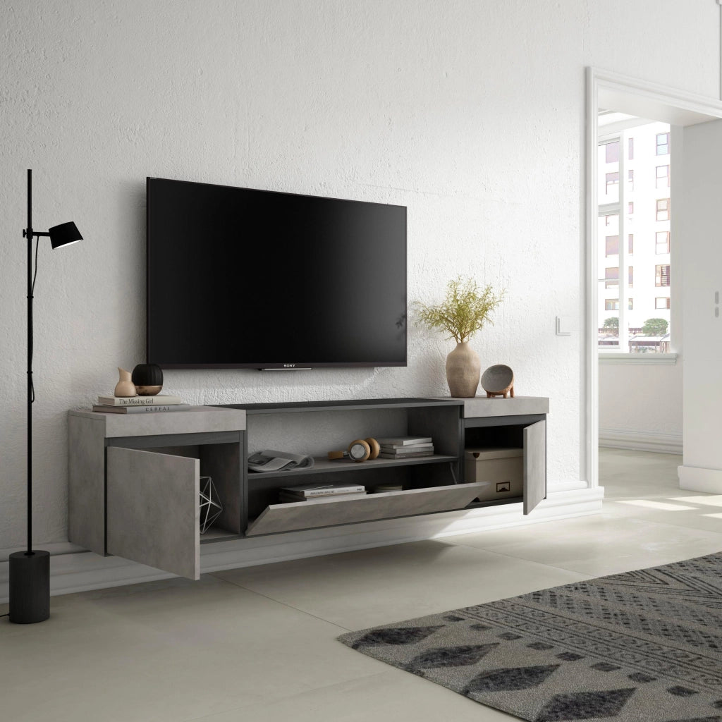 Mobile TV, 200x35x45cm, soggiorno, Per TV fino a 80", da appendere, grigio cemento RF2222