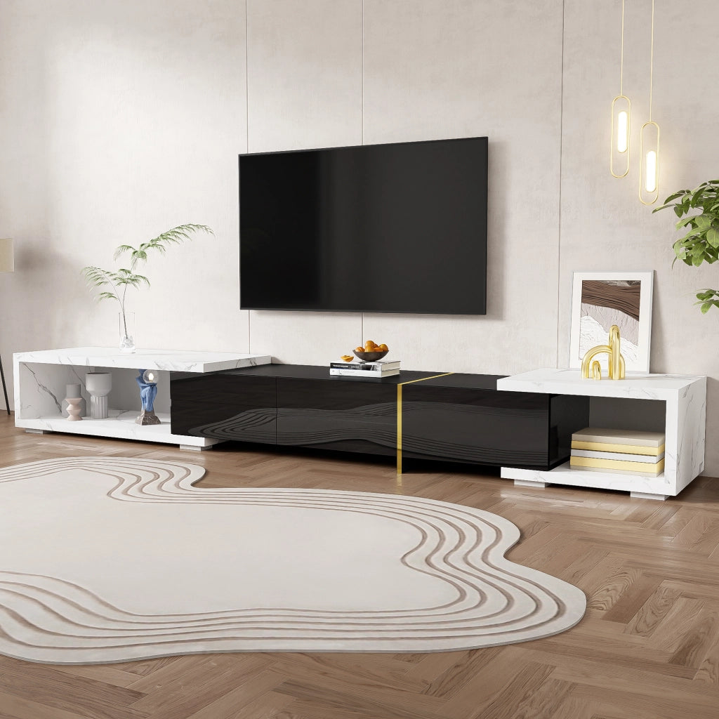 Mobile TV allungabile 140?C260 cm girevole; con 2 Vani; Stile Moderno; Nero Lucido Opaco; Effetto Marmo Bianco; MDF