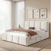 Letto imbottito 180x200 cm con rete; testiera imbottita in chenille beige