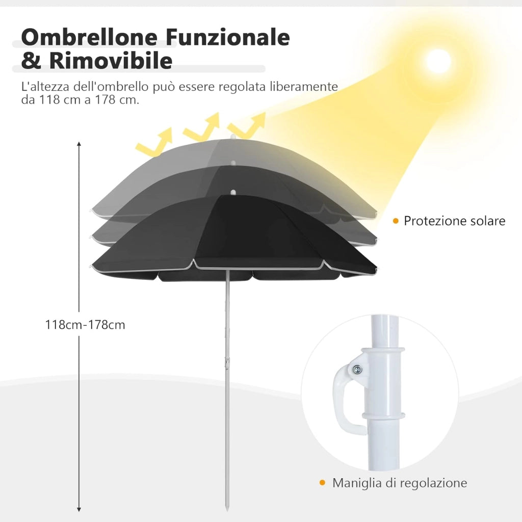 Set di 2 Sedie da Campeggio Pieghevoli, con Ombrellone e Tavolino Contenitore, Resistente e Leggero, Capacità 113 kg (nero)