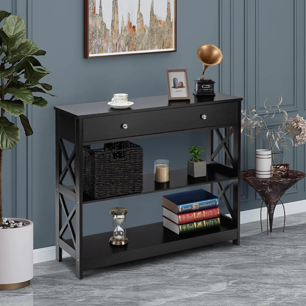 Ingresso per ingresso, console da ingresso stretta a 3 livelli con ampio cassetto per chiavi, orologi e gioielli, mobile ingresso per soggiorno e camera da letto, 100 x 30 x 80 cm (nero)