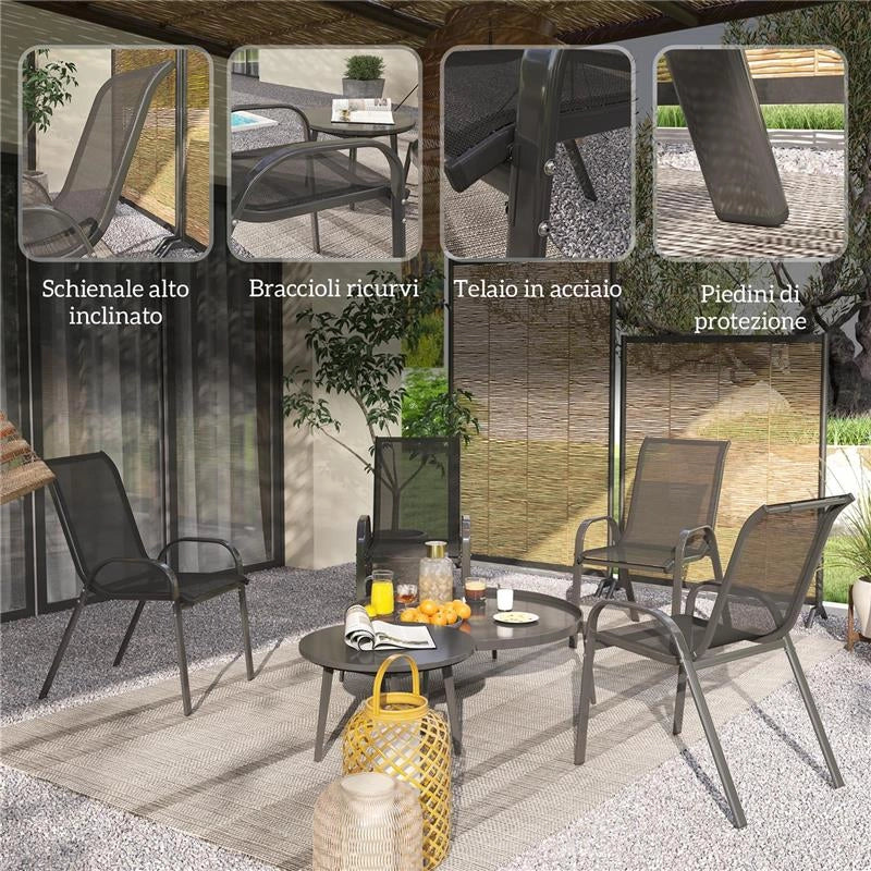 SET 4 SEDIE DA GIARDINO IMPILABILI IN ACCIAIO E TESSUTO A RETE TRASPIRANTE 54X71X93 CM NERO