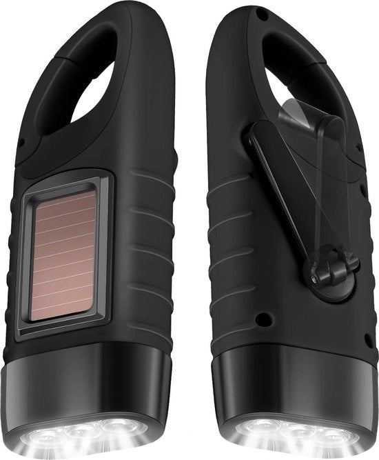 Lanterna Solare a Mano 2 in 1, Carica Rapida con Dynamo LED, Lampada di Emergenza per Attività All'Aperto - Nero