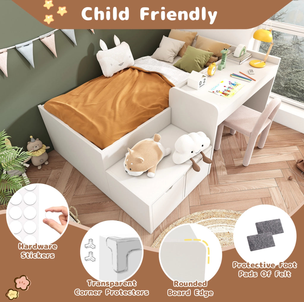 Lettino per bambini 90x200 cm con scrivania e 2 cassetti; in legno massiccio e MDF; bianco