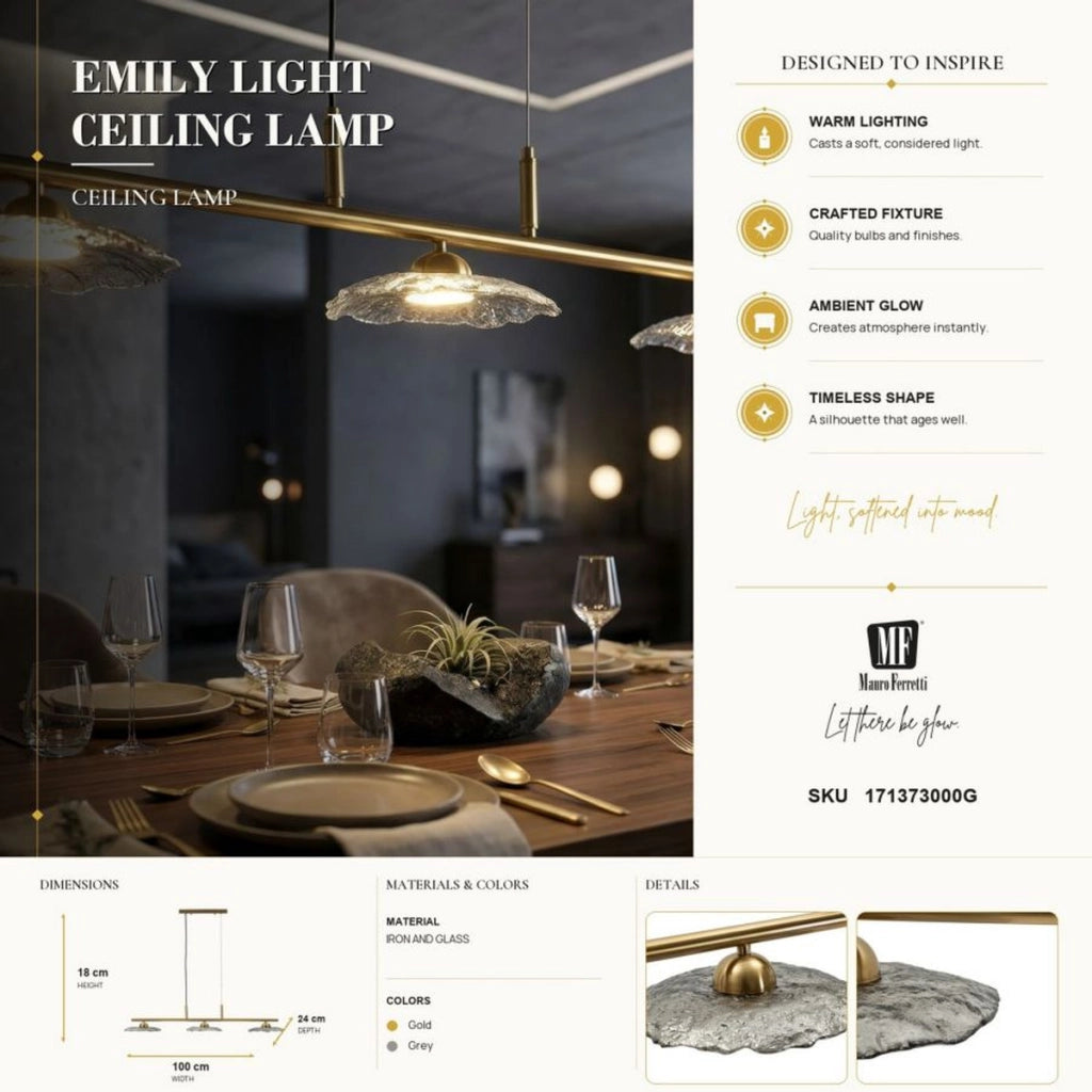 Lampadario EMILY in metallo dorato e vetro grigio fume'
