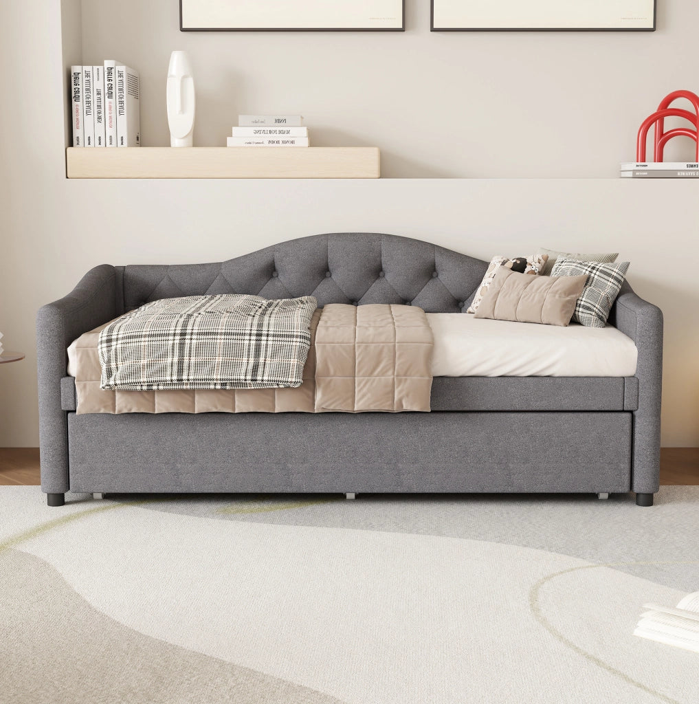 Letto singolo 90x200 cm con letto estraibile in lino grigio HAVRYA
