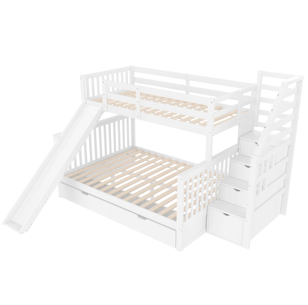 Letto a castello 90x200 sopra 140x200 con scivolo e cassetti, bianco antico