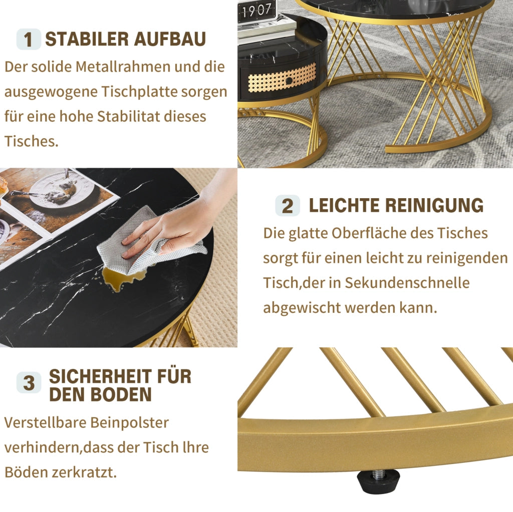 Tavolino da salotto rotondo 2 in 1 con effetto marmo; MDF nero e dettagli oro; 70/50 cm