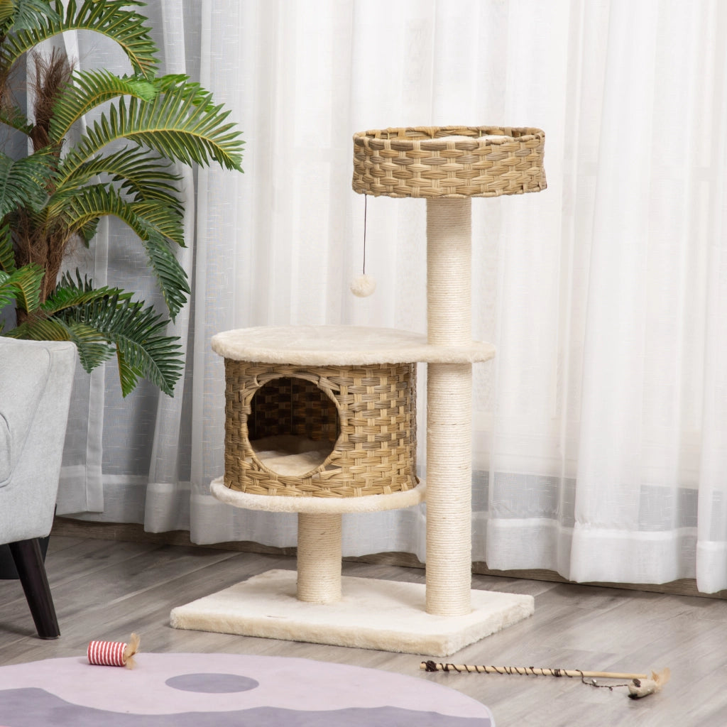 TIRAGRAFFI per gatti con cuccia in rattan PE, 55x47x95 cm, naturale