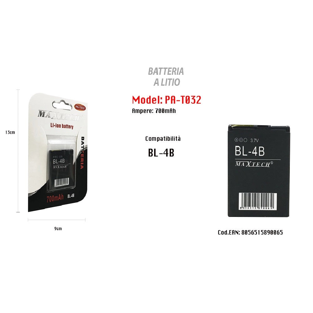 Trade Shop - Batteria Compatibile Con Bl-4b Litio 700mah 3.7v Batteria Ricaricabile Maxtech Pa-t032 -