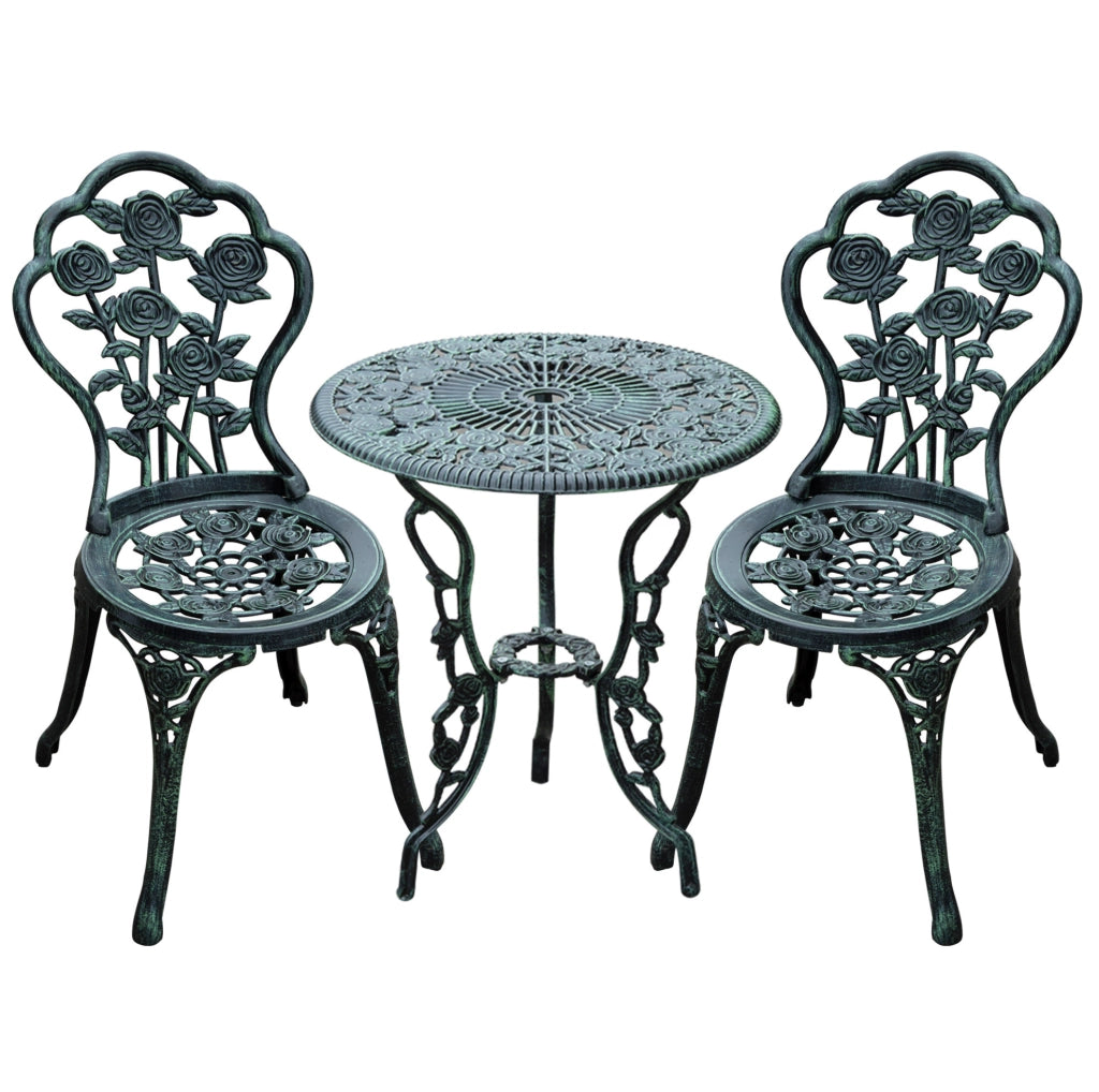 Set bistrot da giardino 3 pezzi con tavolo e 2 sedie in ferro verde antico