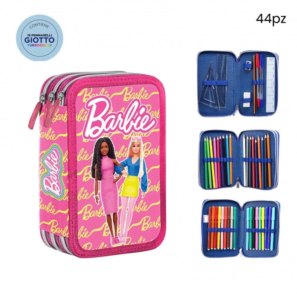 Trade Shop - Astuccio Completo 44pz A 3 Zip Cerniere Con Pennarelli Giotto Grafica Barbie Scuola 690730 -