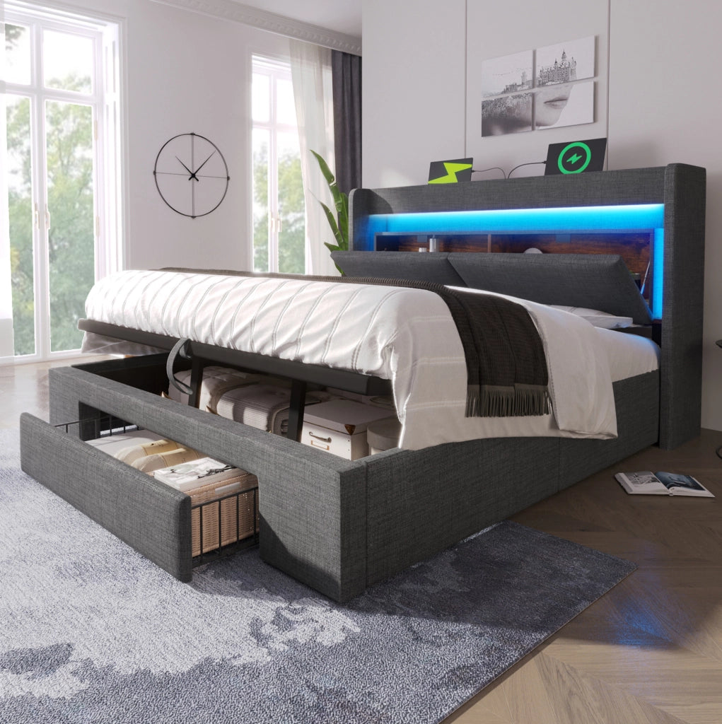 Letto imbottito grigio 160x200 cm con contenitore, testiera con ricarica e LED