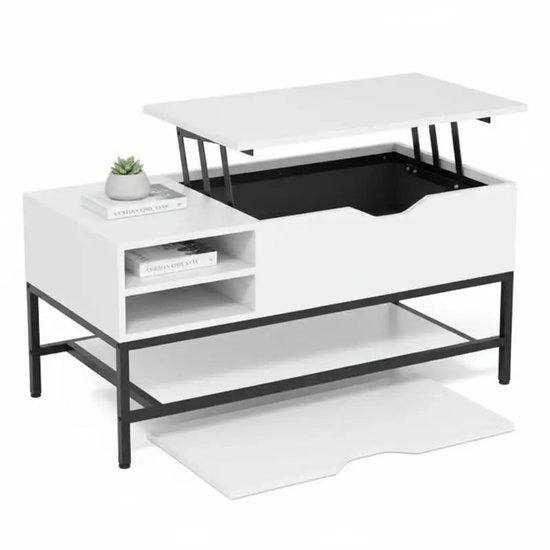 Tavolo salotto pieghevole con cassetto nascosto e tavola rimovibile in legno bianco - Modello: 1503