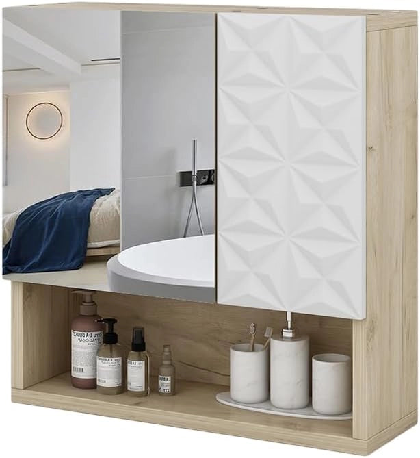 Specchio contenitore bagno Edge, Bianco, 54 x 55 cm con anta e vani a giorno, per la conservazione in bagno con meccanismo push-to-open
