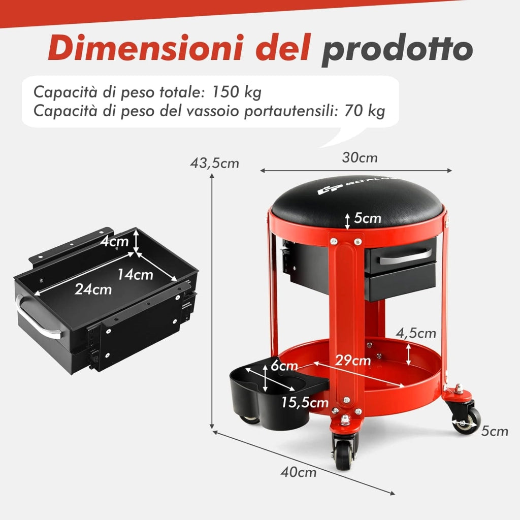 COSTWAY Sgabello da Officina, Sgabello Meccanico Rotante con 2 Cassetti, Ripiano, Vassoio, Ruote, 150 kg di capacità, per Garage, Officina
