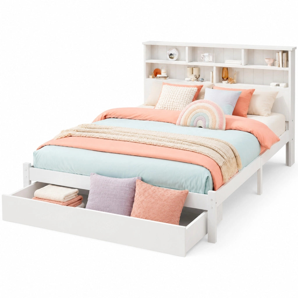 Letto matrimoniale 140x200 cm in legno bianco con testiera libreria e 2 cassetti