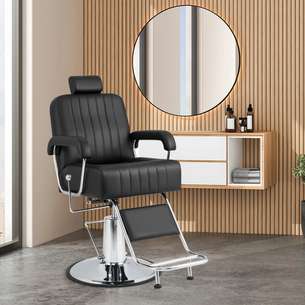 Sedia da salone con poggiatesta regolabile schienale reclinabile rotazione a 360¡ã, Sedia da barbiere portata 150kg Nero-Cura dei capelli