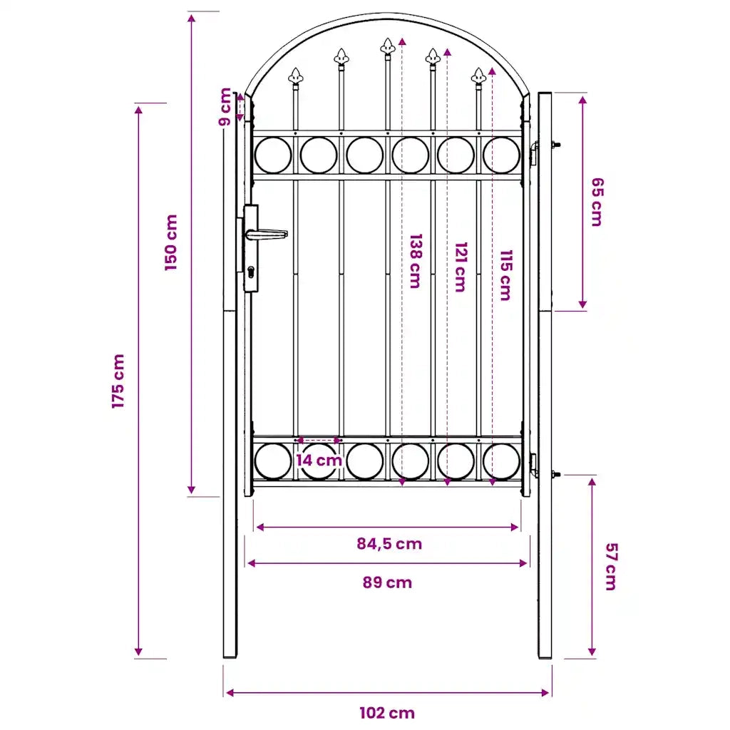 Cancello per recinzione Assen con parte superiore ad arco in acciaio 102x150 cm Nero 143086
