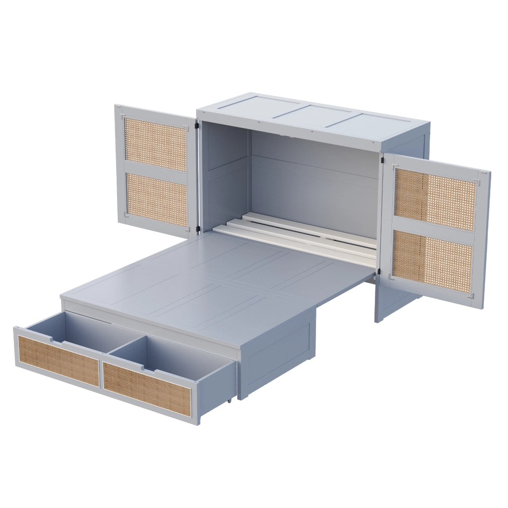 OKWISH Letto a scomparsa 140×200 cm, Letto Matrimoniale con 2 Cassetti, Ante Stile Rattan e Apertura 270°, senza Materasso, Grigio