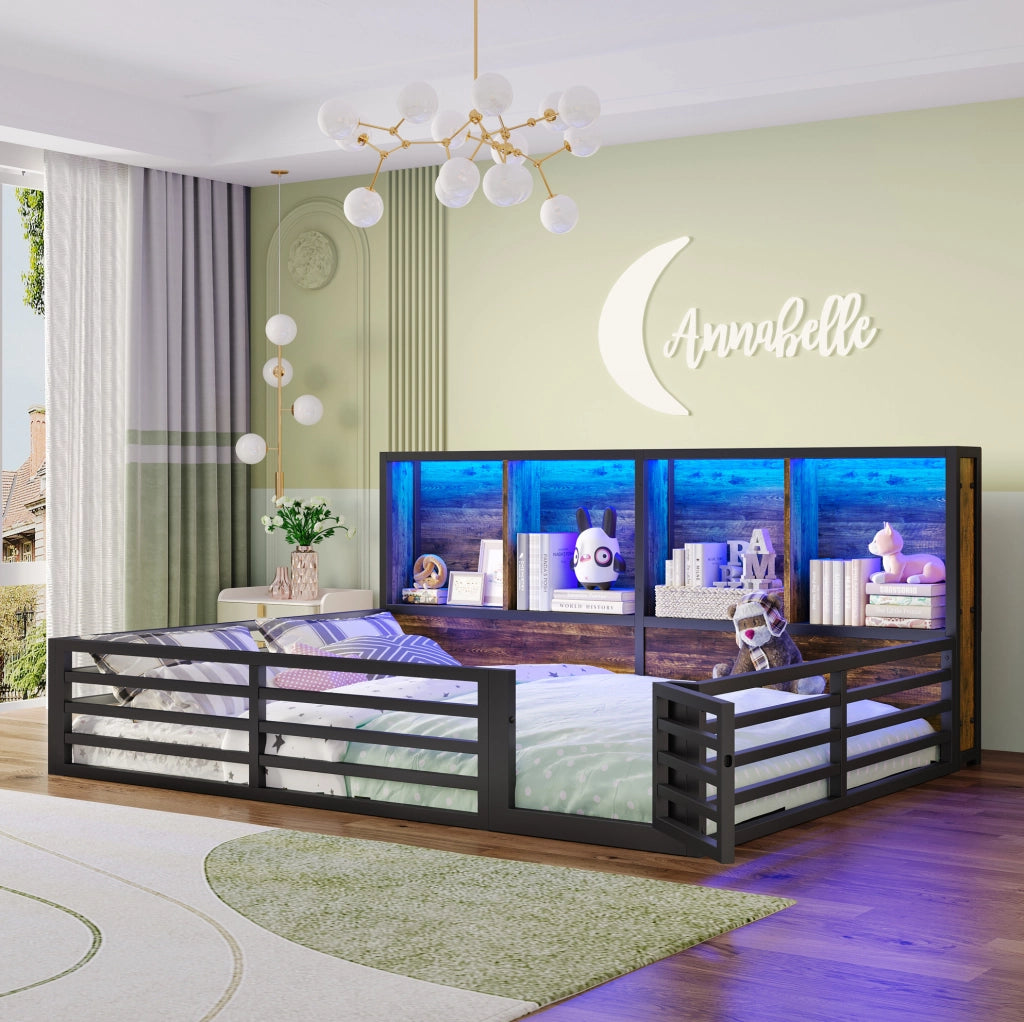LETTO a sponde 140x200 cm Nero in Metallo e MDF con LED