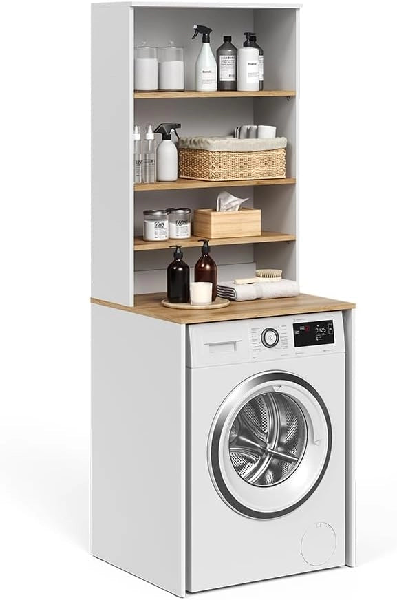 Mobile lavatrice Viktor, Bianco/Artisan, 66 x 88.2 cm 2 parti con ripiano, adatto per l'installazione su lavatrici standard