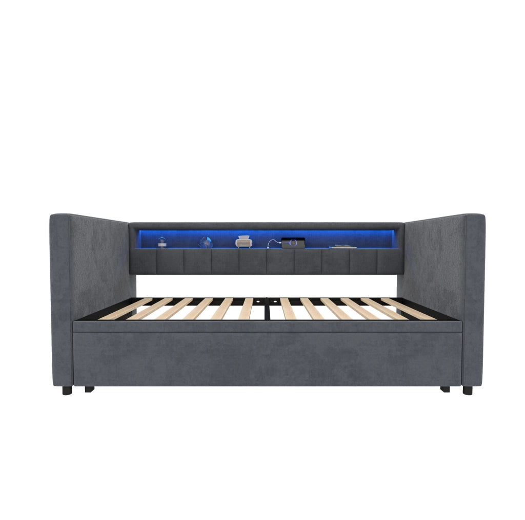 Letto estraibile 90x190 cm con LED e USB-Type-C in velluto grigio scuro