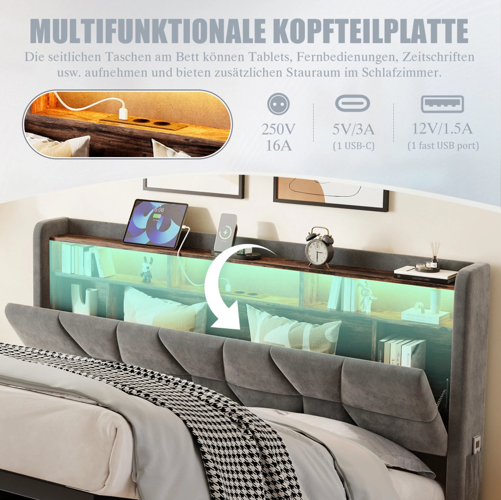 Letto matrimoniale 140x190 cm in velluto grigio scuro con LED; ripiani e presa USB/Type-C