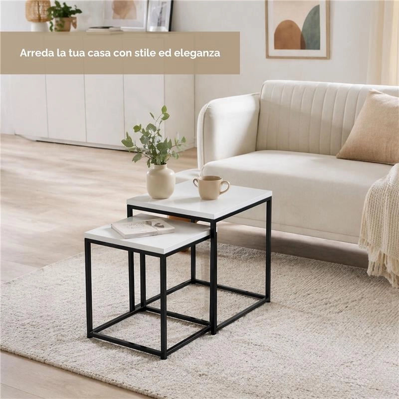 2 TAVOLINI METALLO MELANINA E MDF DIMENSIONI 35X35X45H CM E 40X40X50H CM - COLORE BIANCO LEGNO